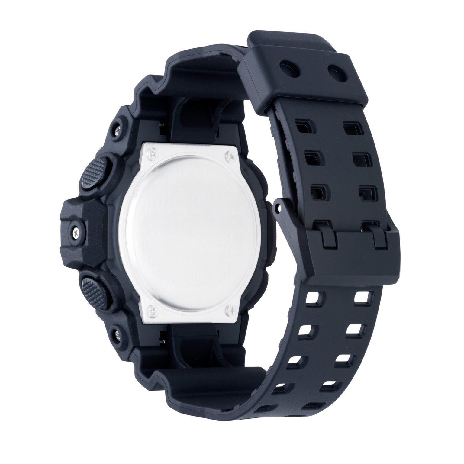 Black resin digital watch with white circular dial face and black textured band with perforated holes.