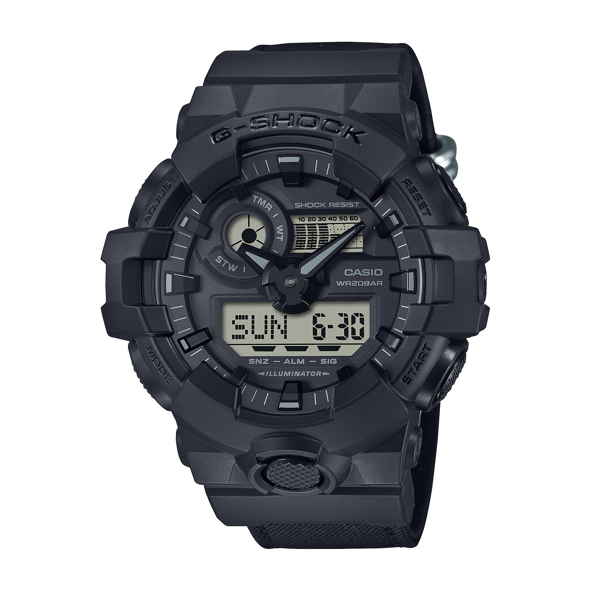 Black G-Shock watch with analog hands, digital display, resin band, and shock-resistant case.