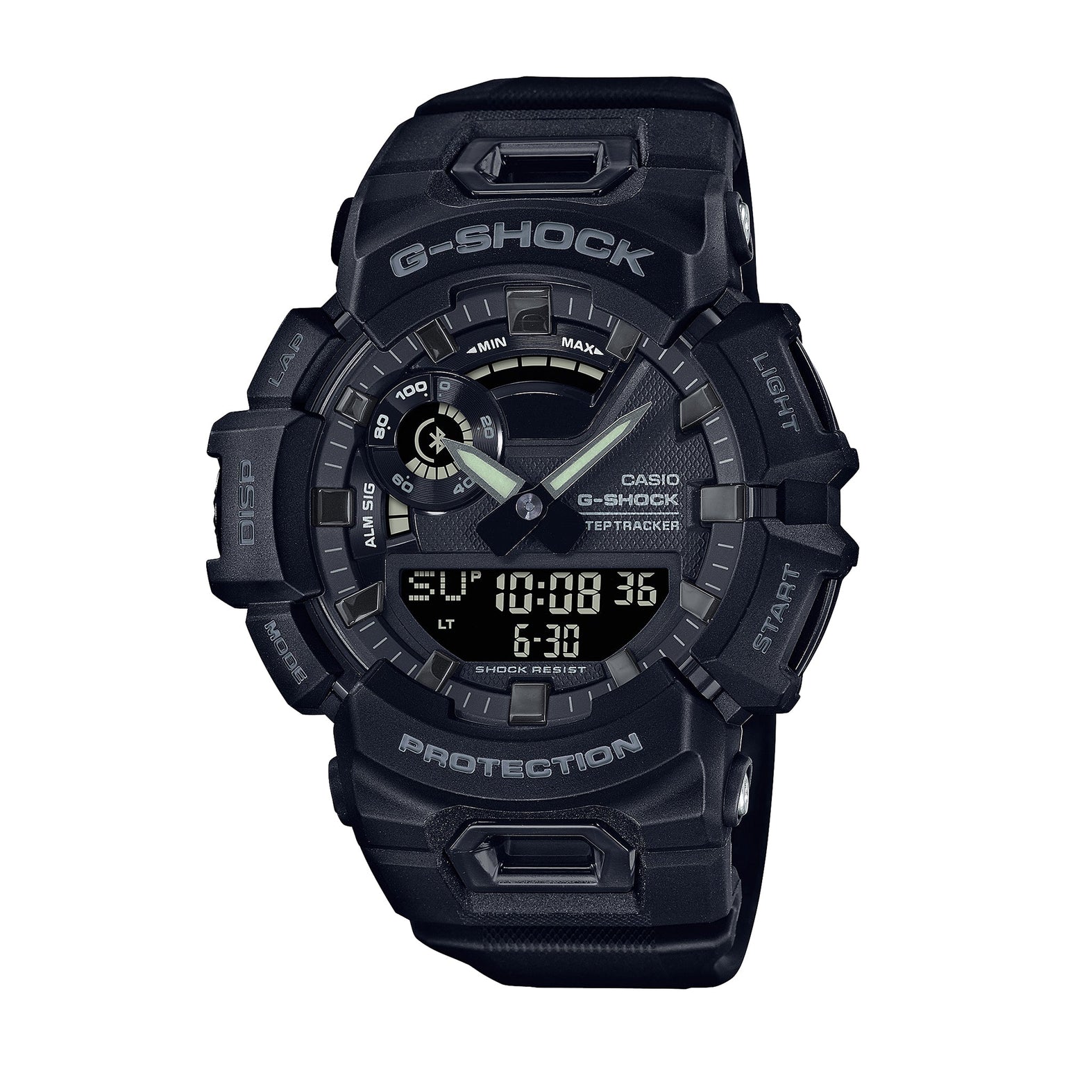 Black G-Shock digital and analog watch with resin band, dual display showing time and date, and multiple function buttons on 