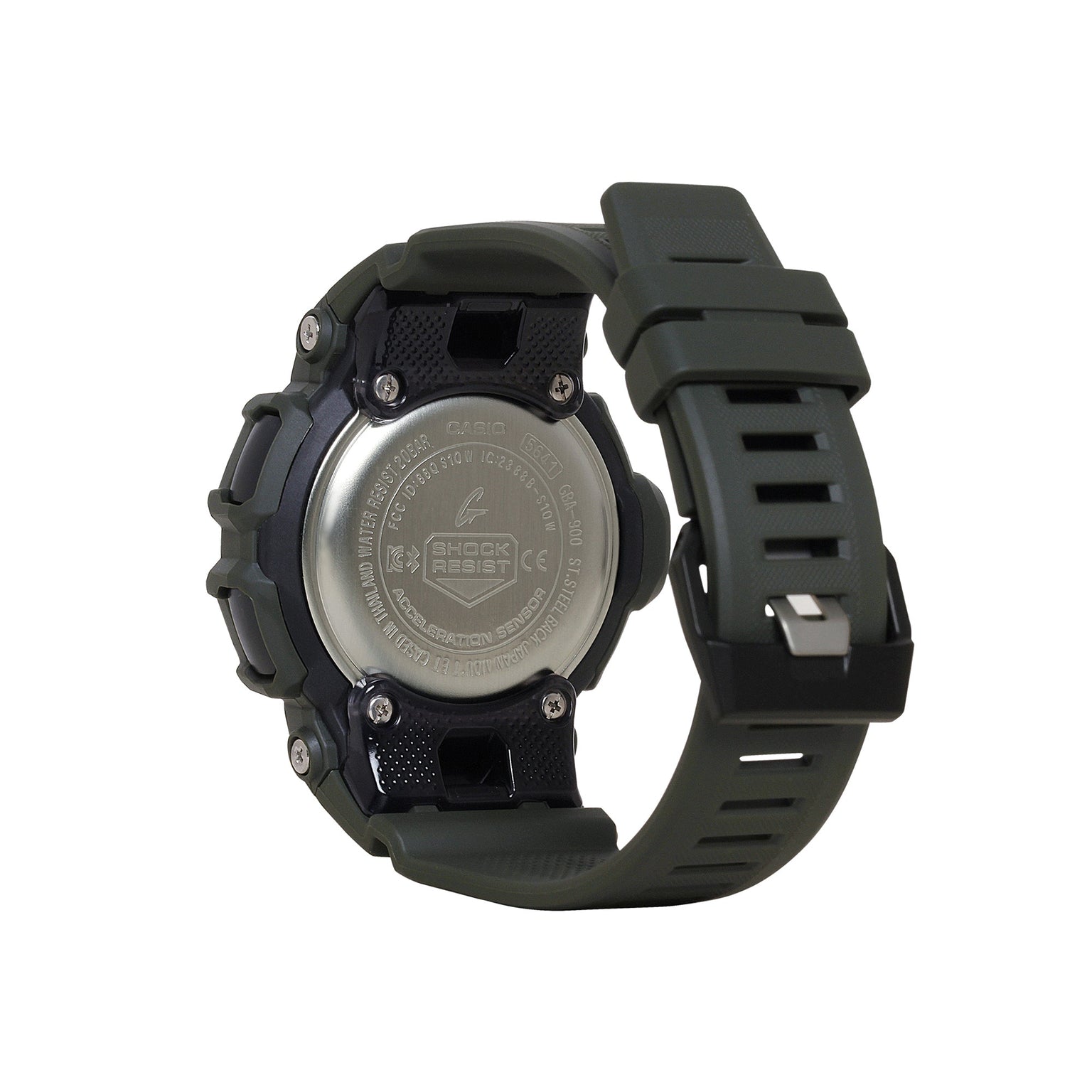 Dark green resin digital watch with rectangular face, black band with ridged texture, and metallic caseback shown from side a