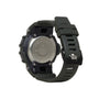 Dark green resin digital watch with rectangular face, black band with ridged texture, and metallic caseback shown from side a