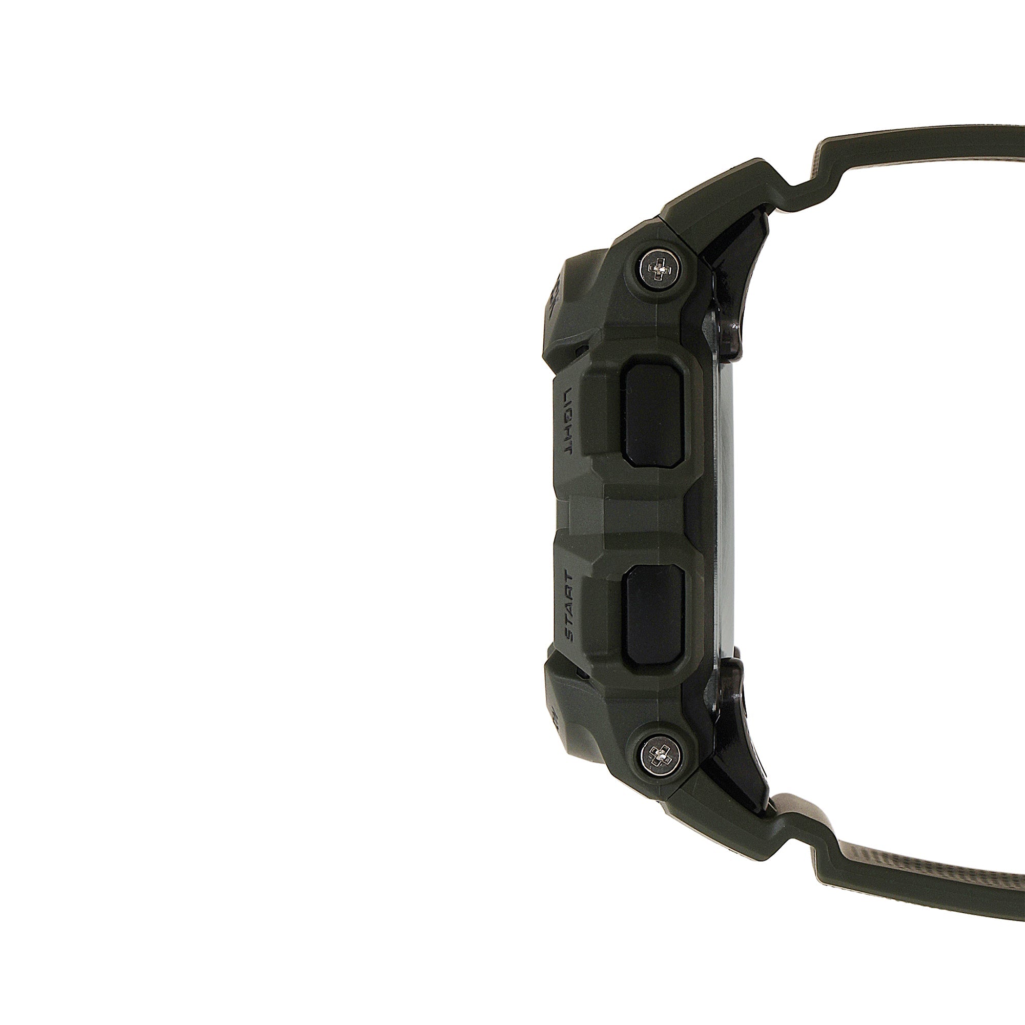 Digital watch with dark green resin case, rectangular display, and black band shown from side view.