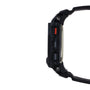 Black digital watch with square face, red accent button, and black resin band shown from side view.