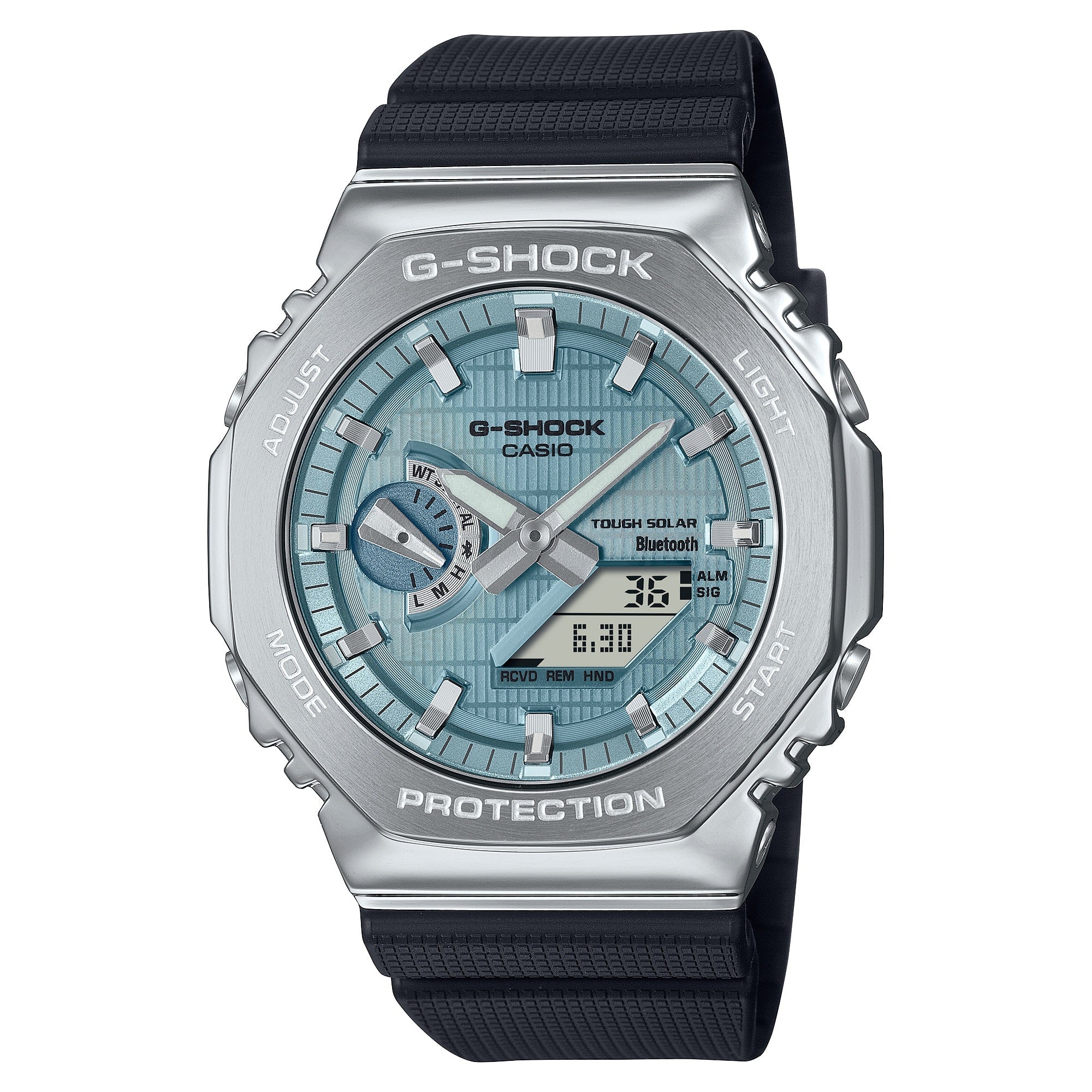 G-SHOCK digital watch with silver stainless steel case, light blue dial, black resin band, and analog/digital display.