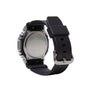Digital watch with stainless steel and black resin case, black rubber strap, and silver-tone back plate.