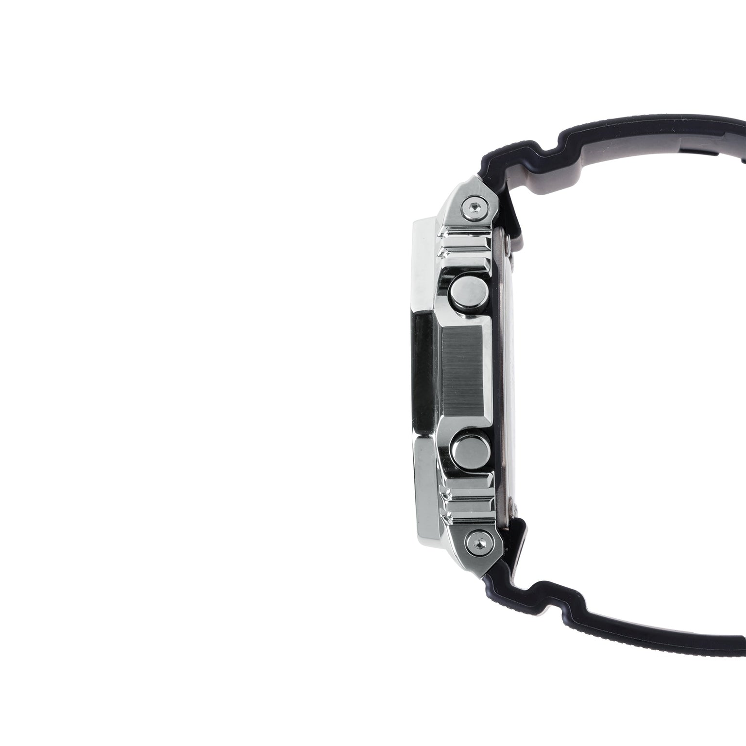 Digital watch with silver stainless steel case, black resin band, and multiple buttons on the side.