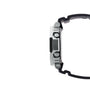 Digital watch with silver stainless steel case, black resin band, and multiple buttons on the side.