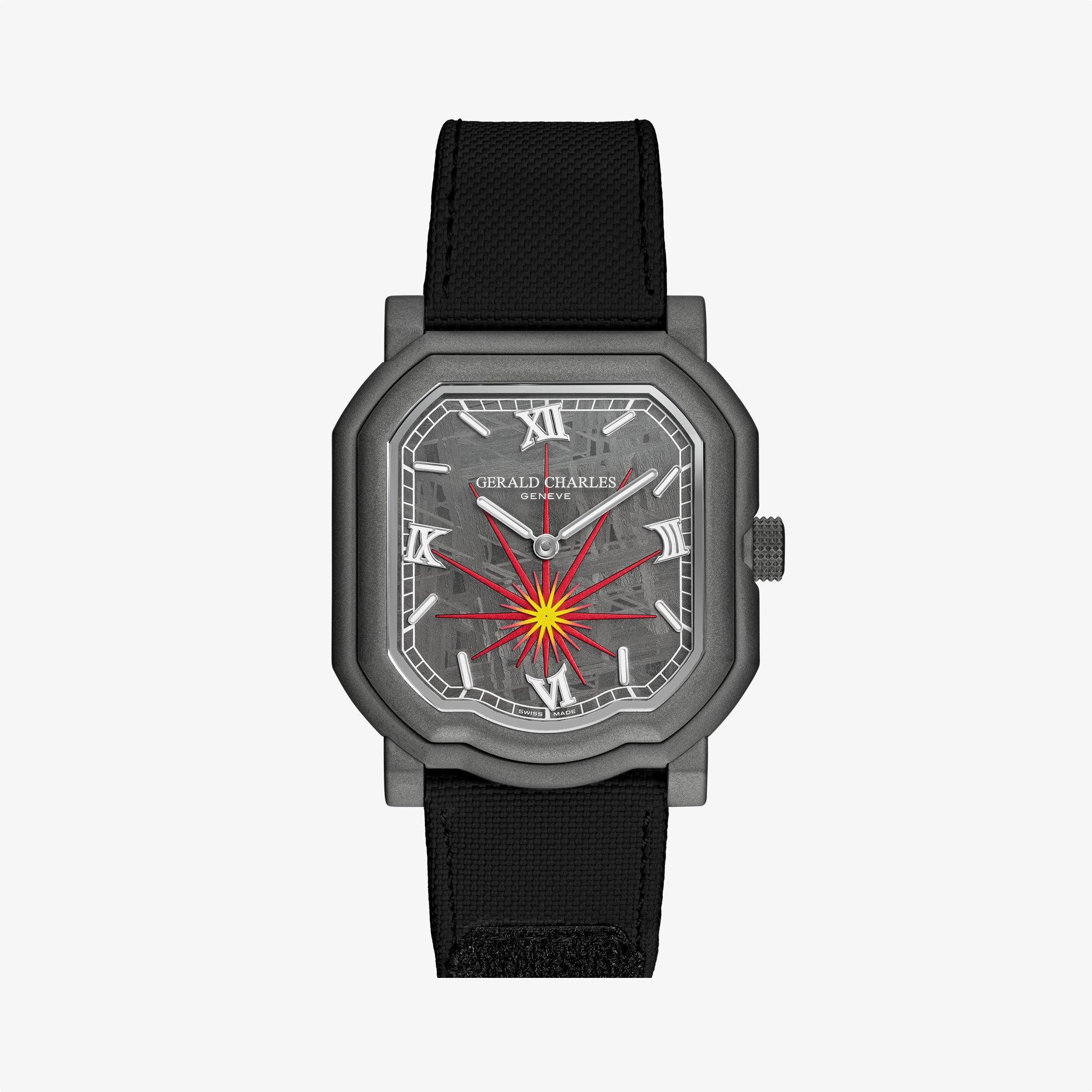Dark gray square watch with black fabric strap, red and yellow sunburst dial design, and Roman numeral hour markers.