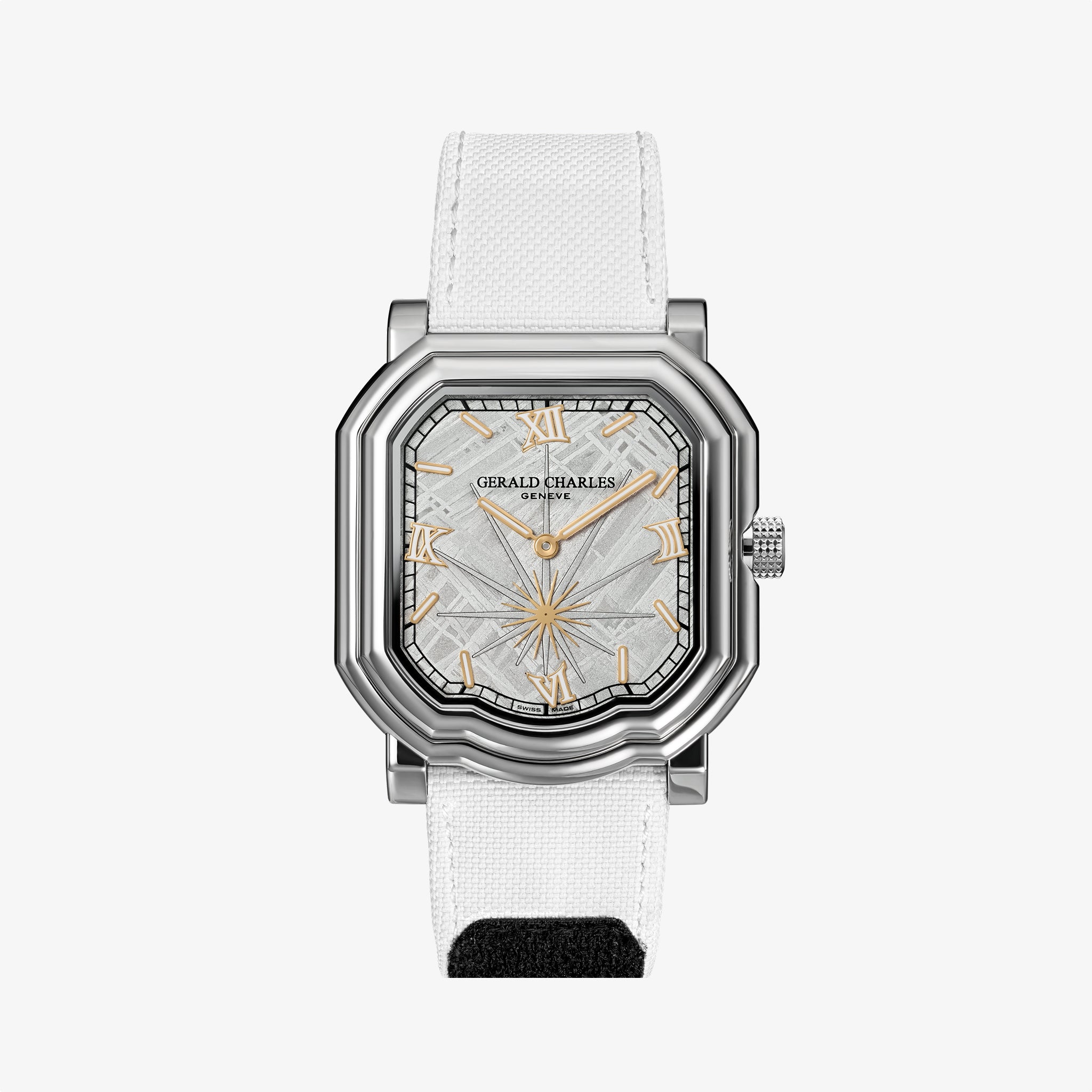 Silver-toned square watch with white fabric strap, sunburst dial with gold Roman numerals and hands, Gerald Charles branding.