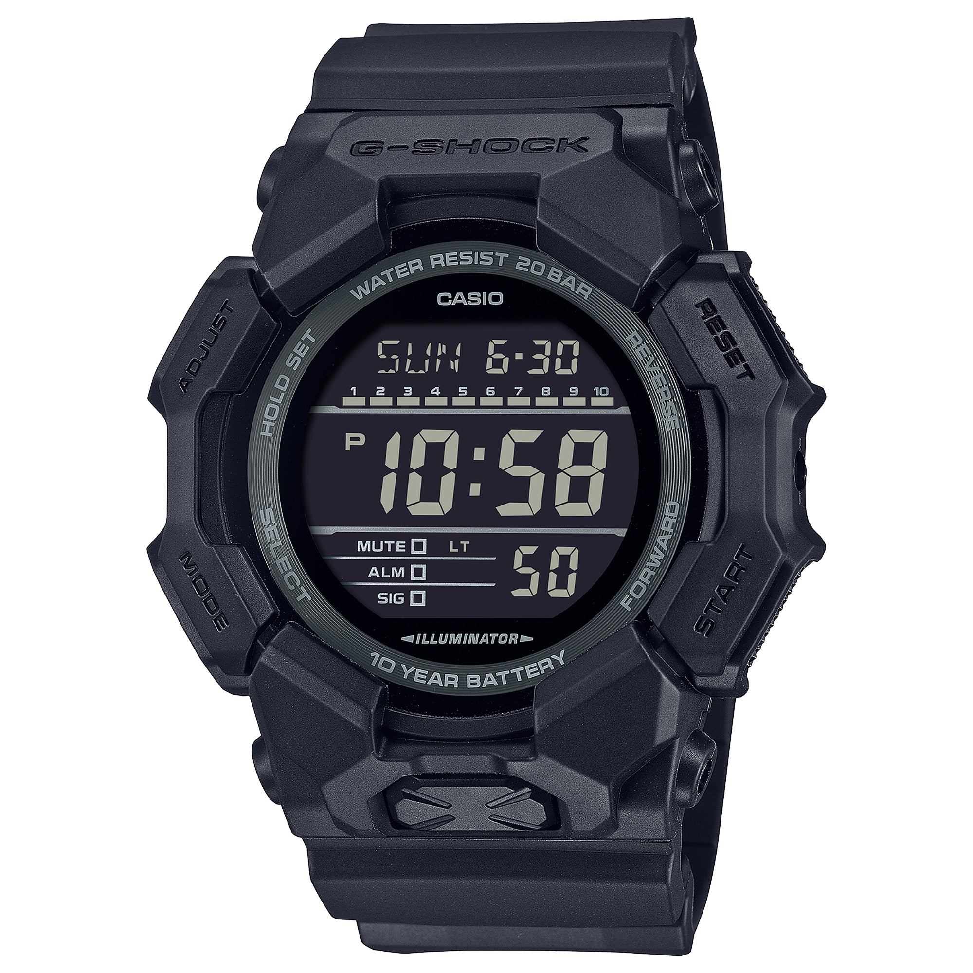 Black Casio G-Shock digital watch with rectangular display, water resist 200 bar rating, and illuminator feature.