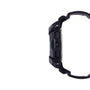 Black resin digital watch with textured buttons and curved band shown from side view.