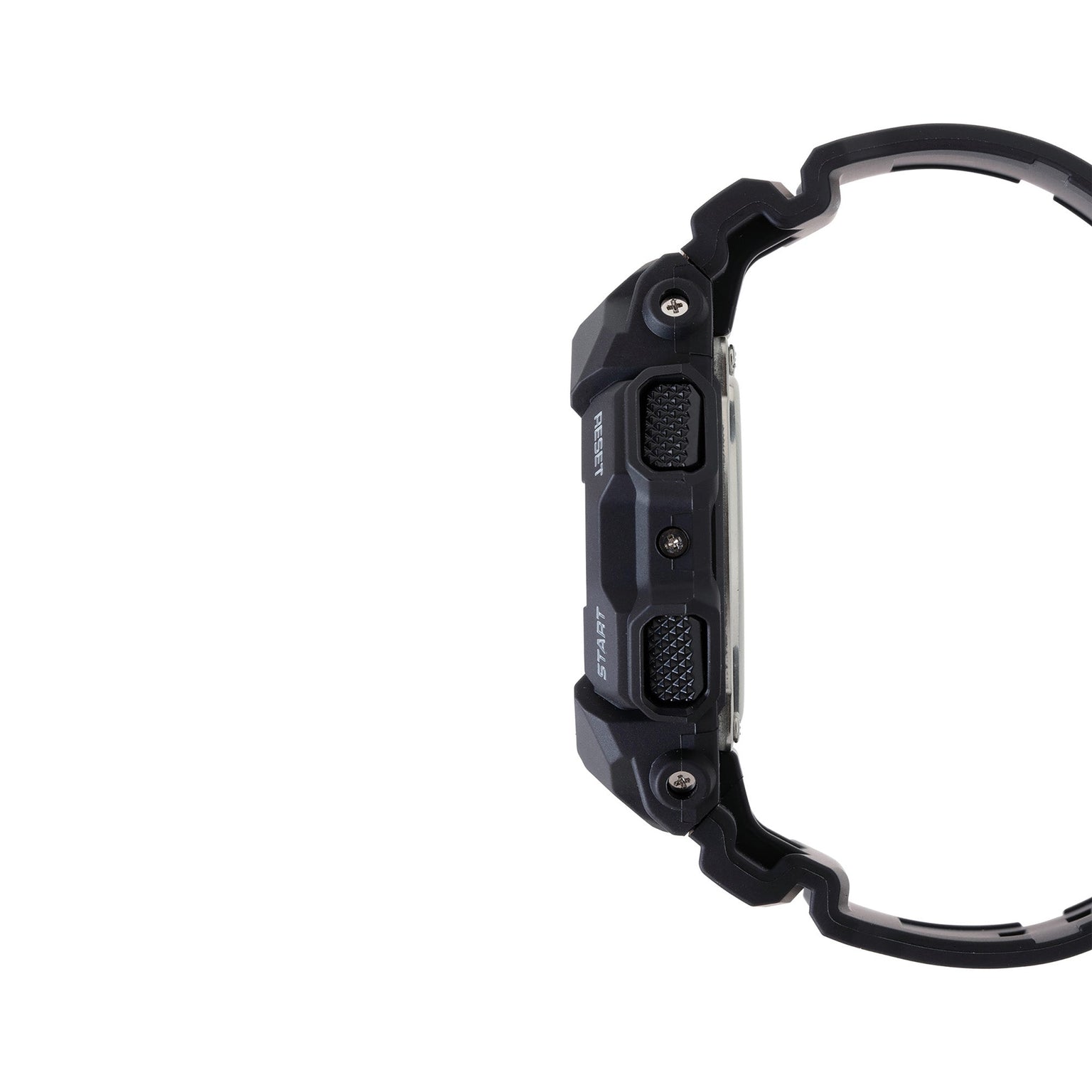 Black digital watch with textured resin case and rubber band shown from the side angle.