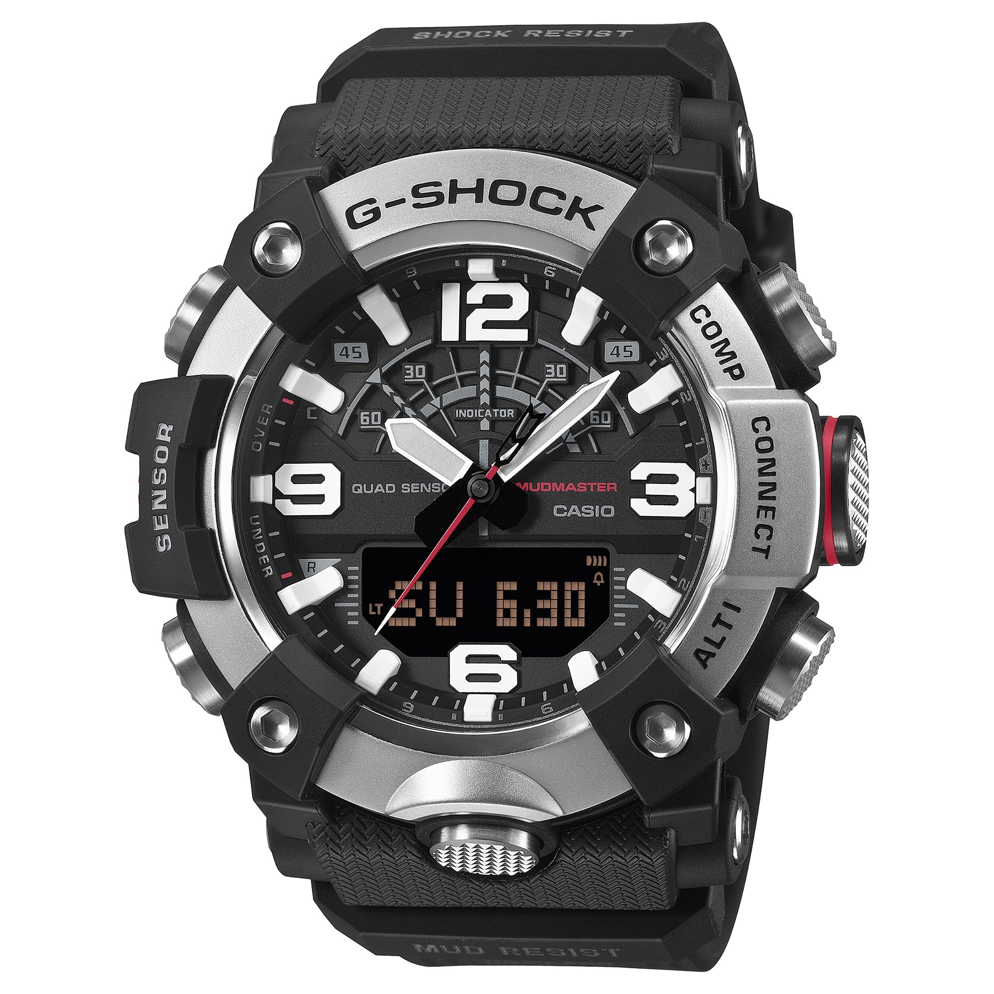 G-Shock Mudmaster watch with black resin band, analog dial with white numerals, digital display, and silver accents.