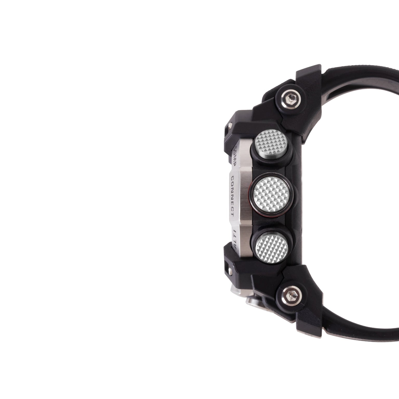 Digital watch with black resin case, silver chronograph subdials, and black band shown from the side.