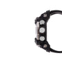 Digital watch with black resin case, silver chronograph subdials, and black band shown from the side.