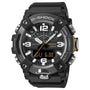 G-Shock Mudmaster black stainless steel watch with analog dial, digital display, and black resin band.