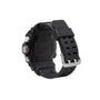 Black digital watch with square face, multiple side buttons, textured rubber band, and metal buckle.
