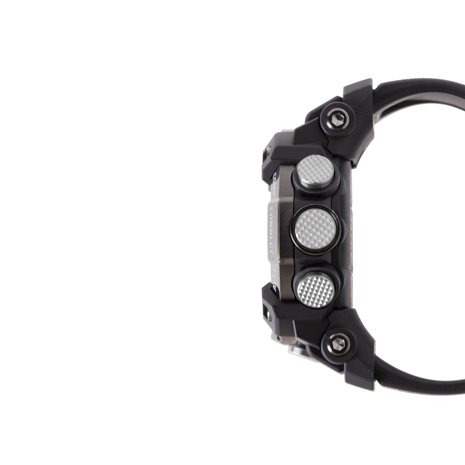 Black digital watch with stainless steel and carbon accents, three round subdials, and black resin band.