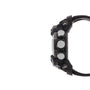 Black digital watch with stainless steel and carbon accents, three round subdials, and black resin band.
