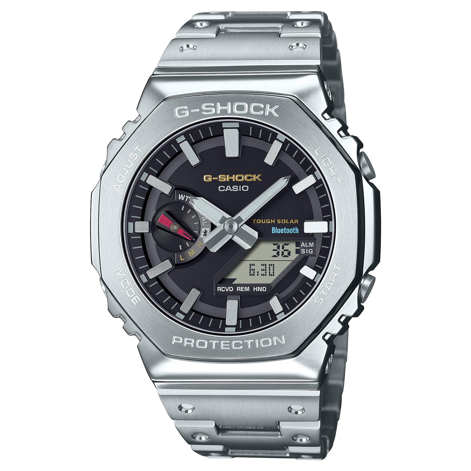 Silver stainless steel G-Shock watch with black dial, solar power, Bluetooth connectivity, and metal band.