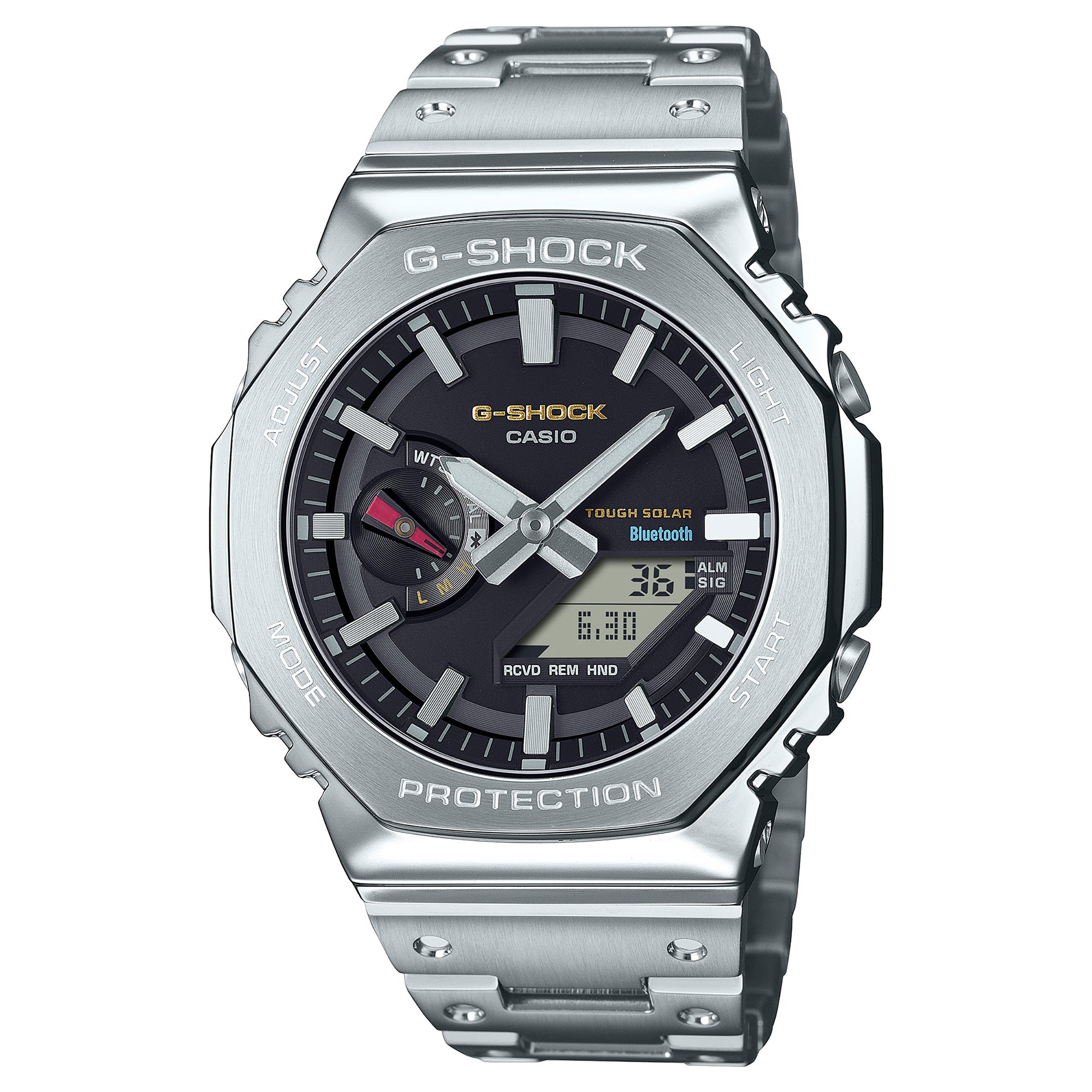 Silver stainless steel G-Shock watch with black dial, solar power, Bluetooth connectivity, and metal band.