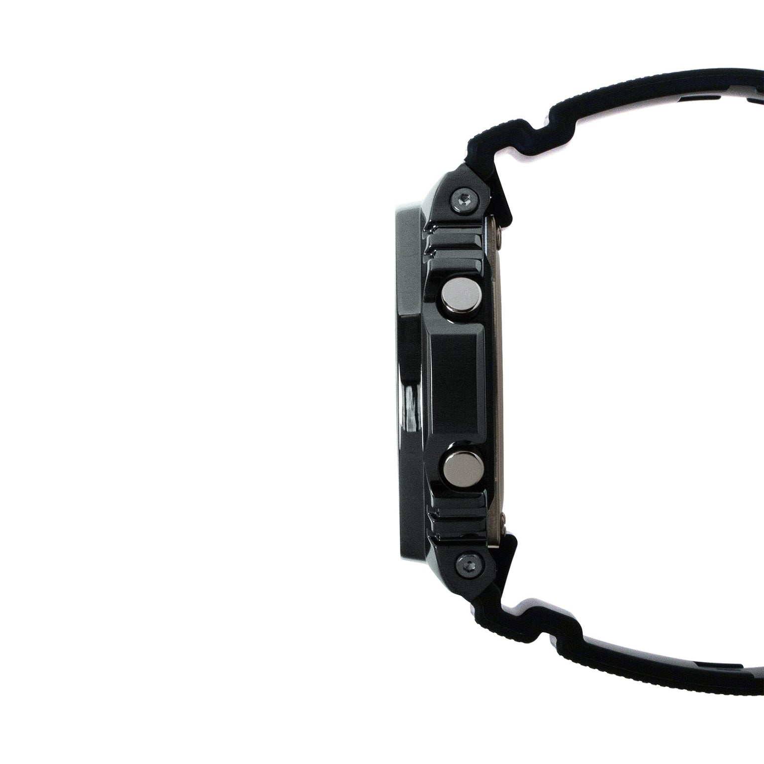 Black digital watch with stainless steel case, resin band, and multiple buttons on side profile.
