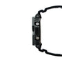 Black digital watch with stainless steel case, resin band, and multiple buttons on side profile.