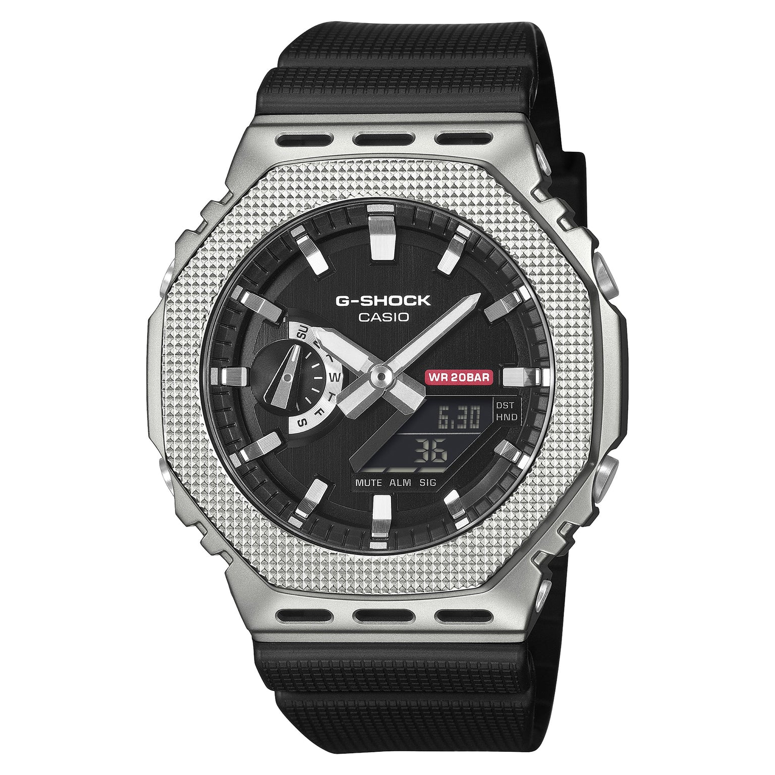 G-Shock GM-2100M-1A watch with silver stainless steel case, textured bezel, black dial, and black resin band.