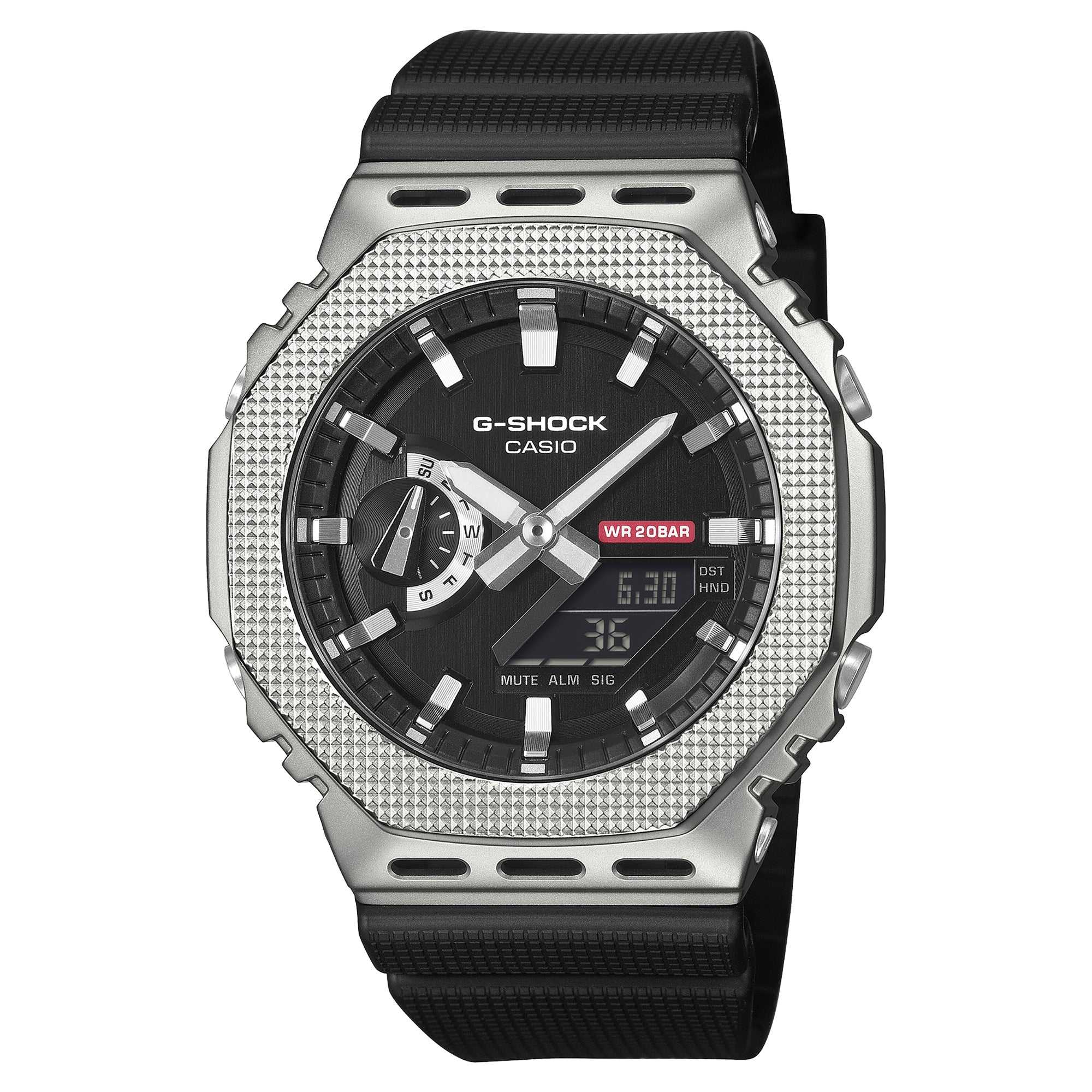 G-Shock GM-2100M-1A watch with silver stainless steel case, textured bezel, black dial, and black resin band.