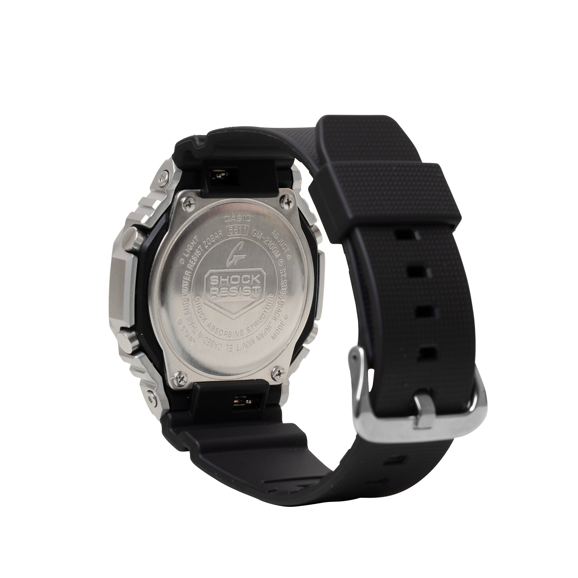 Silver stainless steel G-Shock watch with black resin band and silver buckle, shown from back case view.