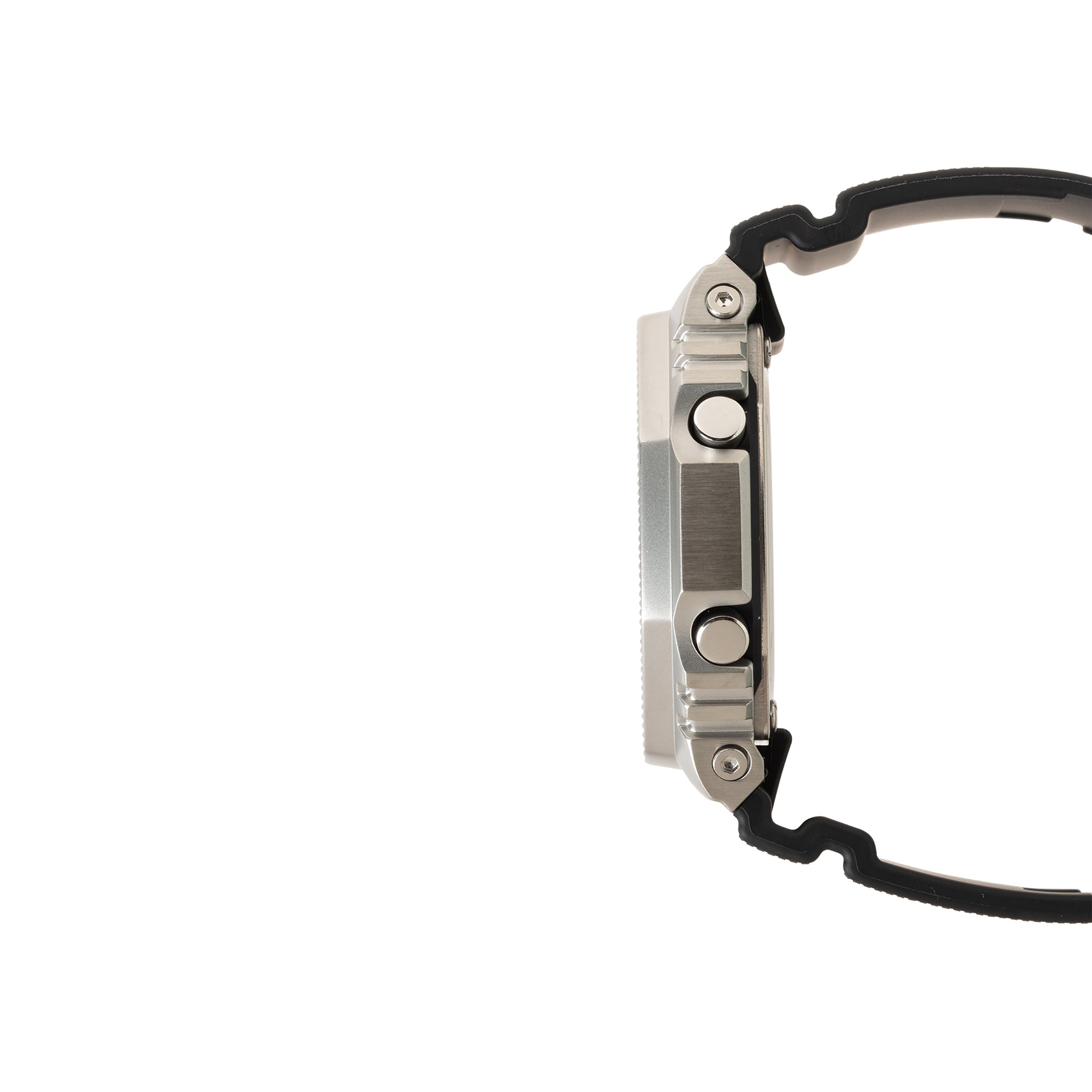 Silver stainless steel digital watch with black resin band shown from the side profile.