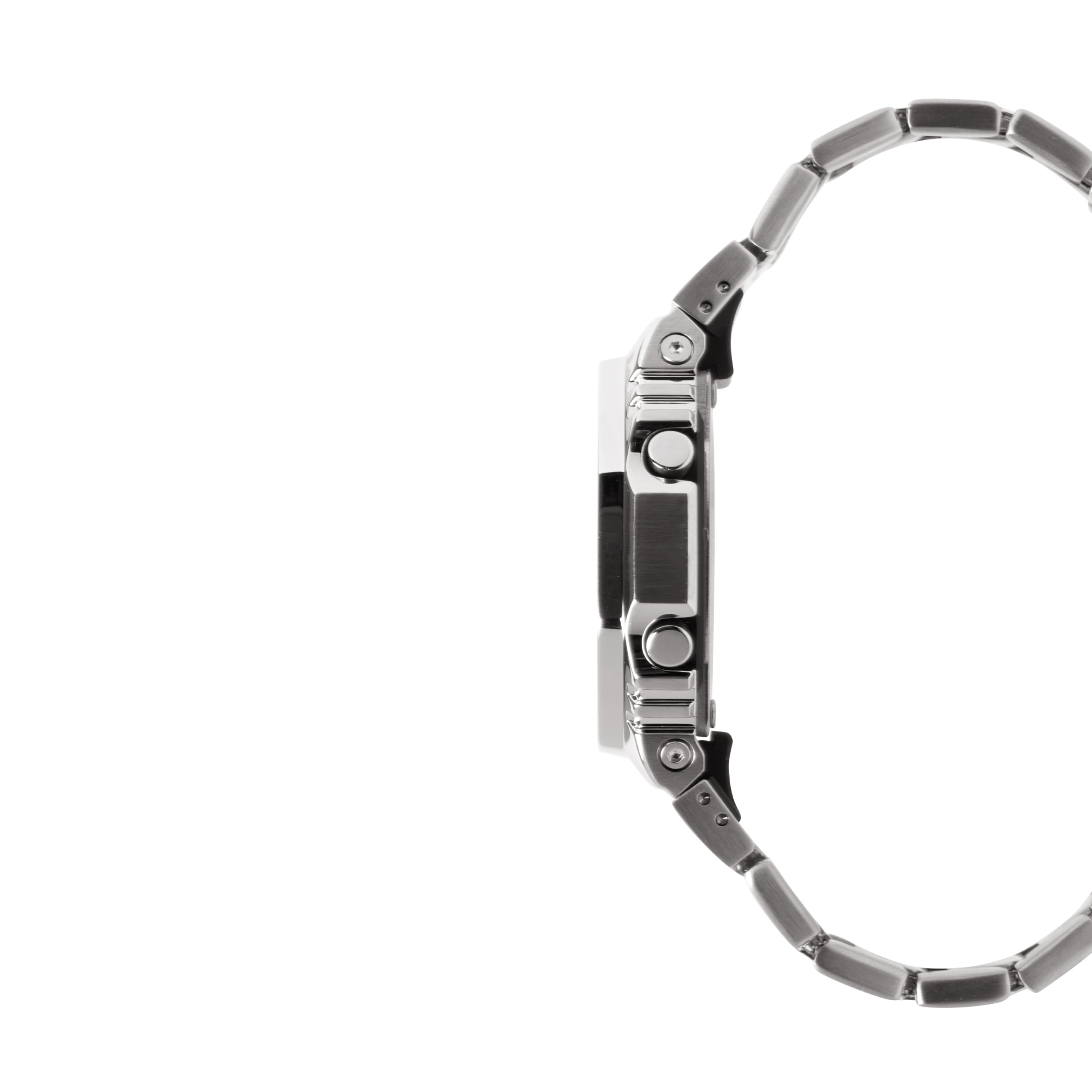 Digital watch with stainless steel and black resin case, silver metal band, displayed from the side.