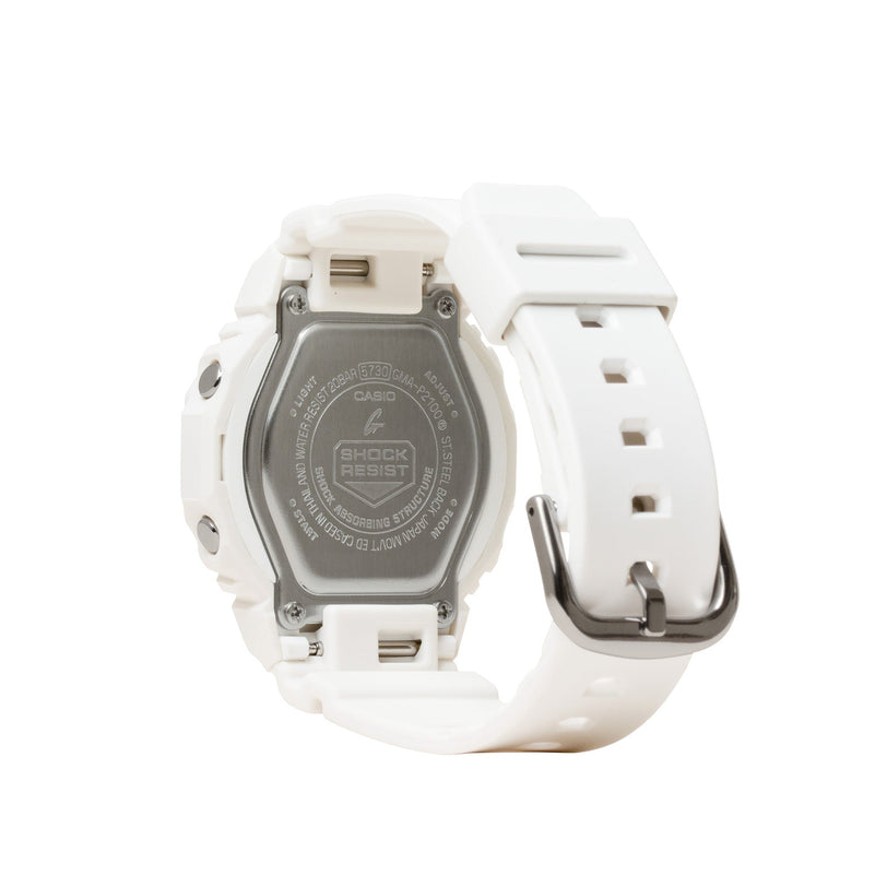 White resin digital watch with gray stainless steel case back and white band shown from rear view.