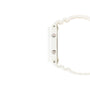 White resin digital watch with metallic buttons and textured band, shown from the side.
