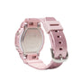 Pink resin G-Shock watch with square digital display, shown from back displaying case and band details.