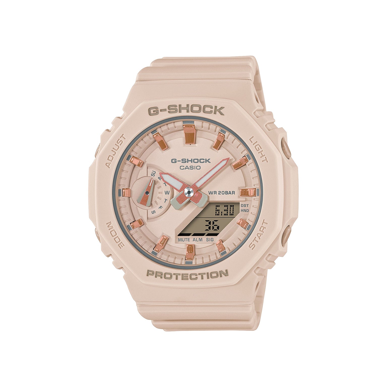 Pink G-Shock quartz watch with analog and digital display, resin band, and rose gold accents on dial.