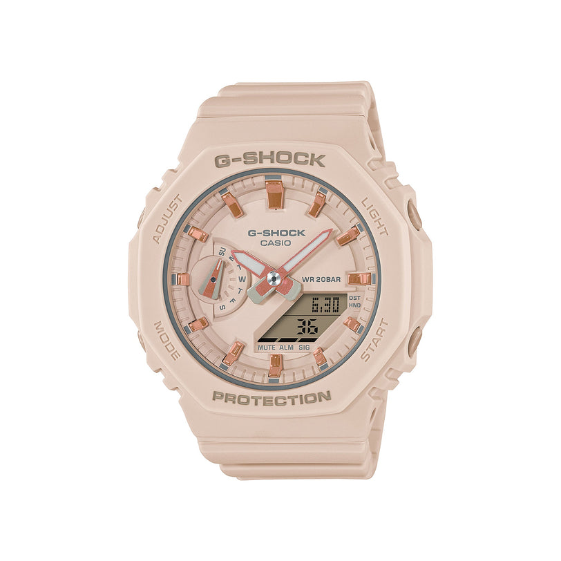 Pink G-Shock quartz watch with analog and digital display, resin band, and rose gold accents on dial.