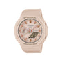 Pink G-Shock quartz watch with analog and digital display, resin band, and rose gold accents on dial.