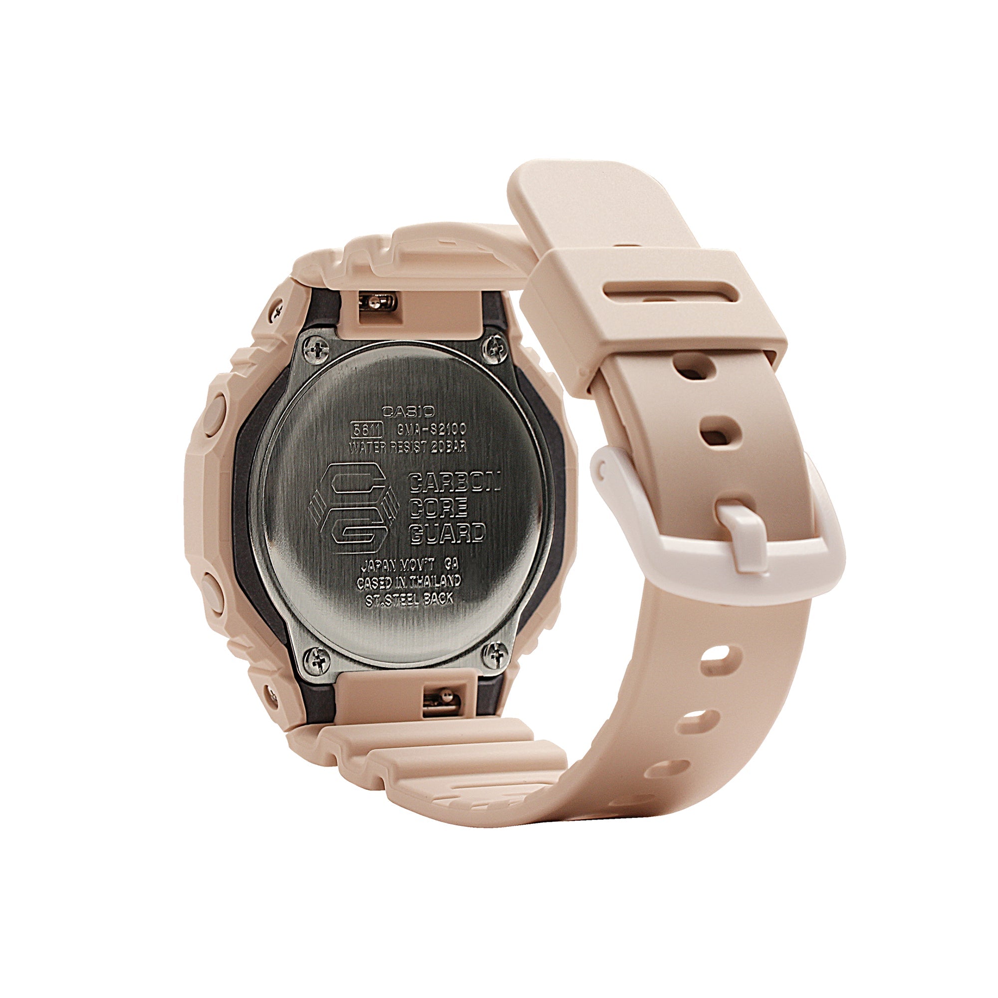 Pink resin digital watch with square face, black bezel, and adjustable band shown from back and side view.