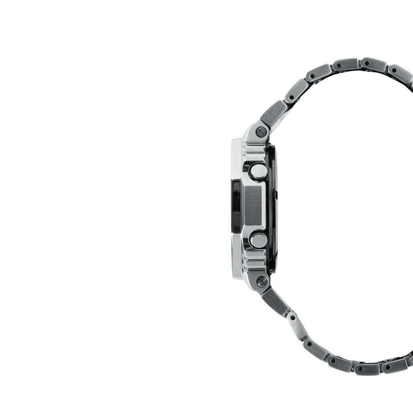Silver stainless steel digital watch with rectangular face and metal bracelet band shown from the side.