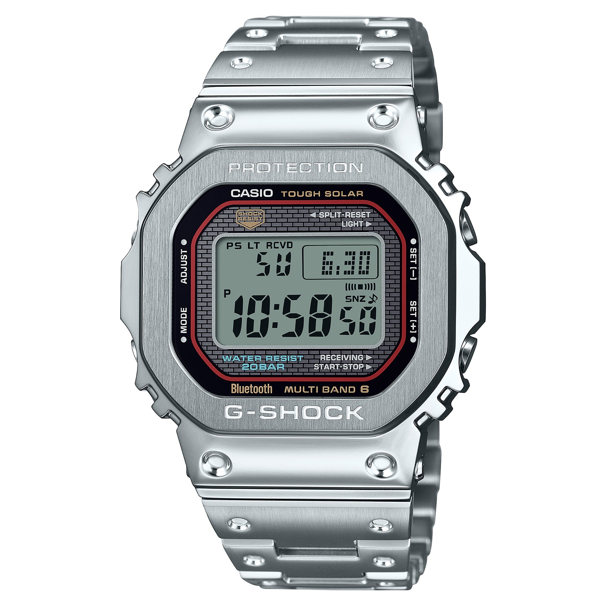 Silver stainless steel G-Shock digital watch with square face, black bezel with red accents, and metal band.