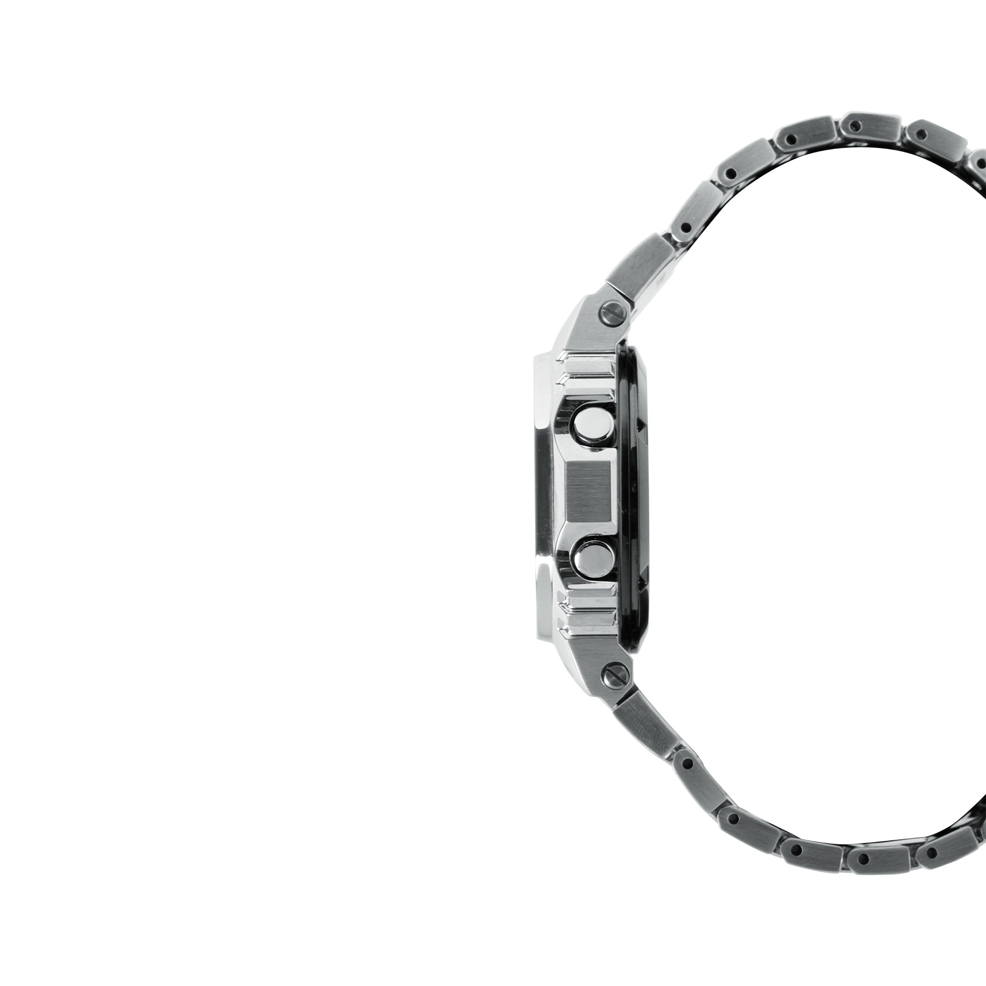 Silver stainless steel digital watch with rectangular case and segmented metal band shown from the side.