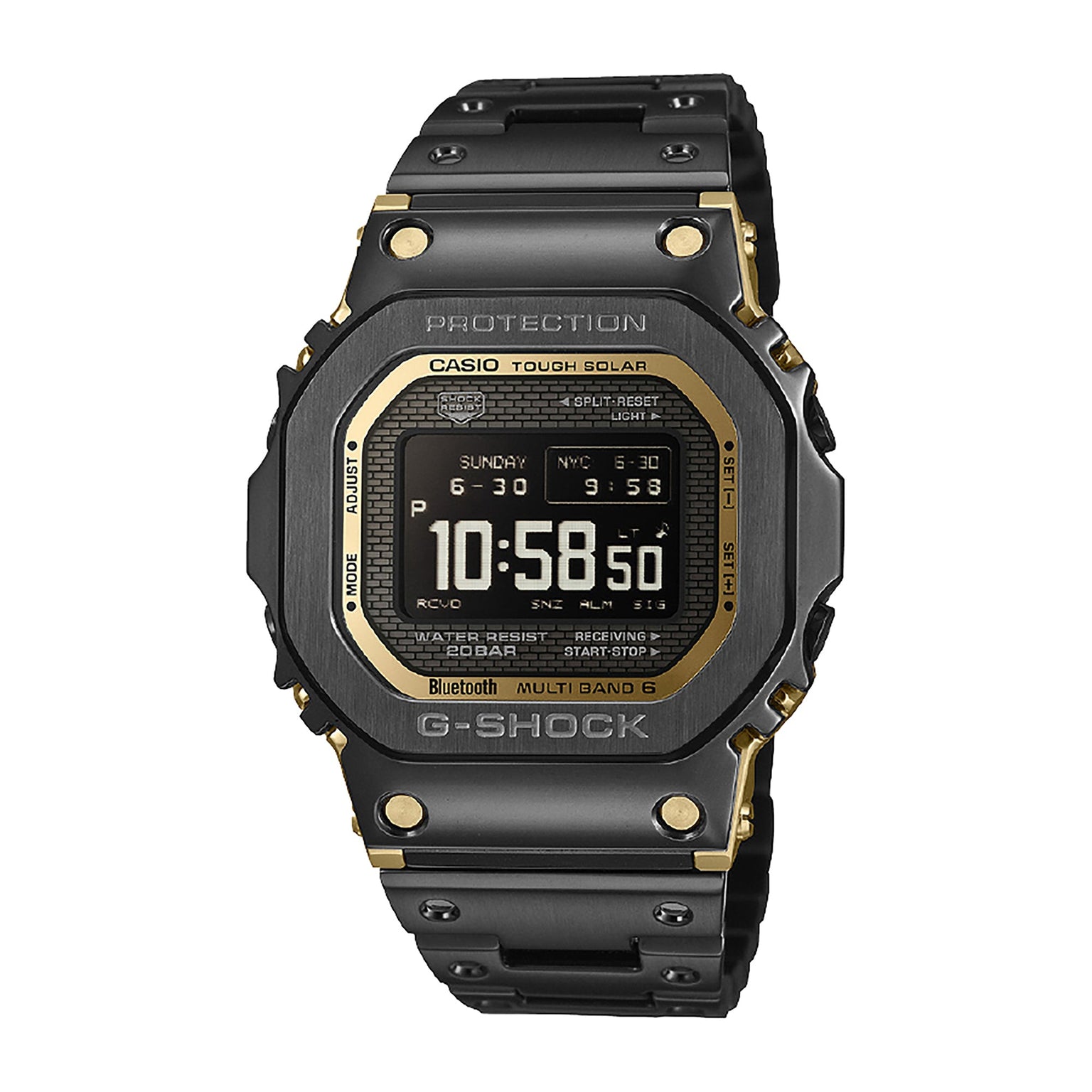 Black stainless steel G-Shock digital watch with gold accents, square face, and metal band displaying time 10:58.
