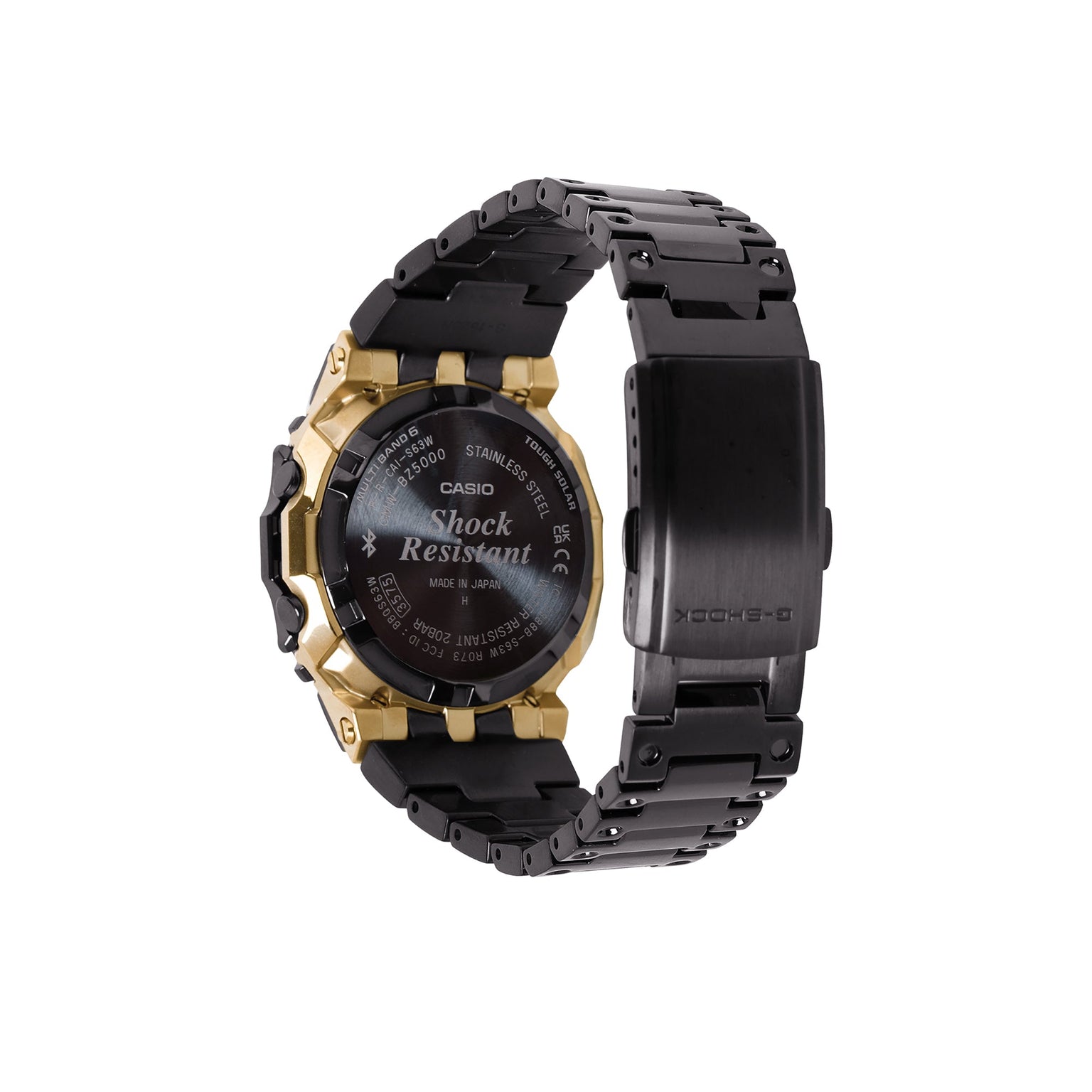 Black and gold stainless steel digital watch with black resin band and shock-resistant design.