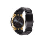 Black and gold stainless steel digital watch with black resin band and shock-resistant design.