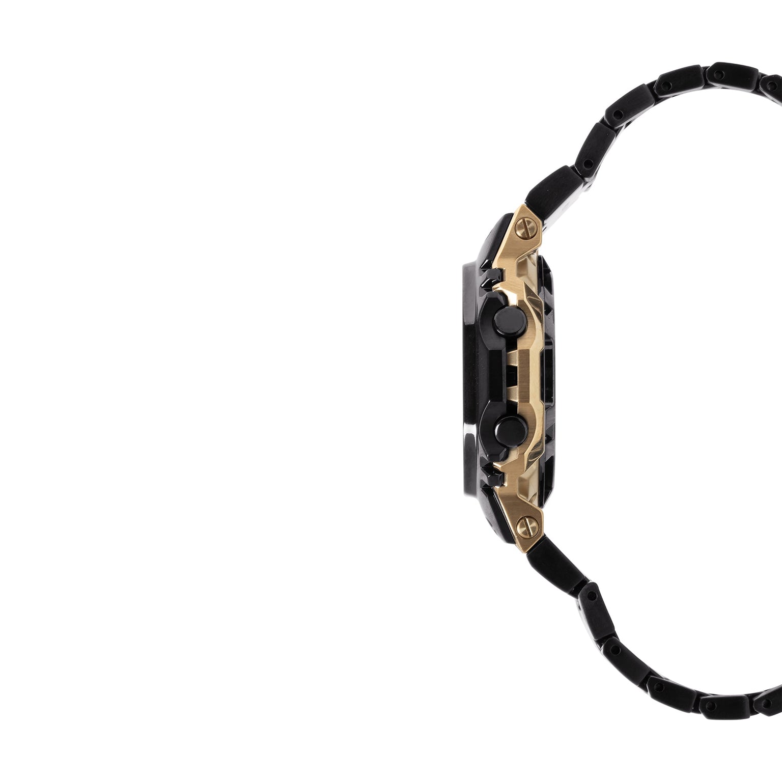 Black digital watch with gold-tone and black stainless steel case, black band with segmented links, and two black subdials on