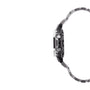 Silver and black stainless steel watch with metal link band and dual subdials on the face, shown from the side.