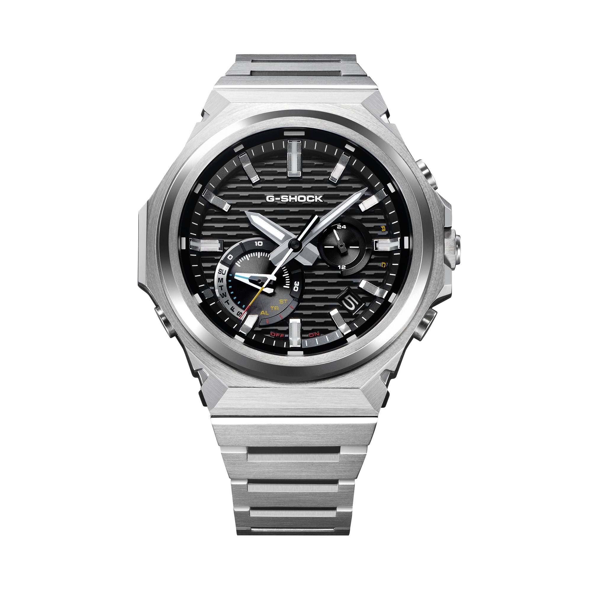G-Shock solar watch with stainless steel case, black dial with textured surface, and matching metal band.