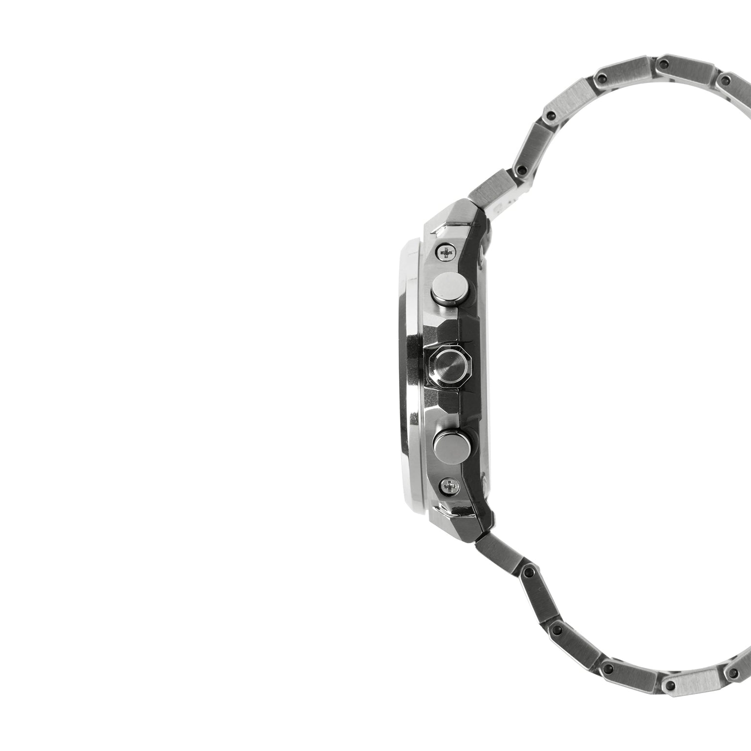 Silver and black stainless steel digital watch with metal band, shown from the side profile.