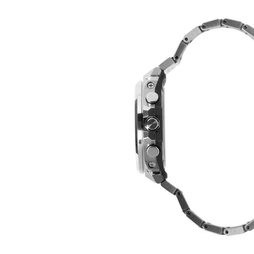 Silver and black stainless steel digital watch with metal band, shown from the side profile.